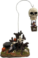 Animated Skull Balloon Ride Halloween Figurine | Spooky Town Collection Accessories with Multi-Color LED, Motion and Sound | 14.13 Inch by CozyNest Decor