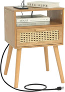 MaxSmeo Mid Century Modern Nightstand with Charging Station, Bedside Tables with Rattan Drawer, Small Wood Nightstand Side Table for Living Room,Bedroom (Brown) by CozyNest Decor