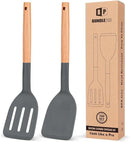 Pack of 2 Silicone Cooking Spatula, Heat Resistant Solid Turner, Non Stick Slotted Spatulas with Wooden Short Handle,Ideal Wood Kitchen Utensils Set for Frying, Baking, Flipping, Turning by CozyNest Decor