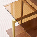Glass End Table, Mid-Century Modern Design Sofa Table, L41 x W21 x H17, for Living Room, 2-Tier Structure, Clear Glass Top and Walnut MDF Shelf, Sleek Conical Metal Legs with Gold Finish Frame by CozyNest Decor