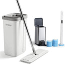 JOYMOOP White Flat Mop & Bucket with 1 Microfiber Pad, 12 Disposable Toilet Brushes, Stainless Steel Toilet Brush and Holder Set, Multi-Functional Cleaner for Floors, Windows, and Toilets by CozyNest Decor