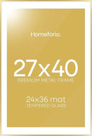 Homeforia 27x40 Picture Frame Gold, High End Metal 27 x 40 Large Poster Frames with Mat 24 by 36 inch Photo, 27x40 Gold Frame Matted to 24x36 for Print, 40x27 Frame, Tempered Glass, Wall Kit, Set of 1 by CozyNest Decor