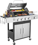 4 Burner Gas Grill with Side Burner, Dual-sided Frying Pan, Built-in Thermometer, Wheels, Side Table, Stainless Steel Burner, 47,000 BTU Outdoor Grill for Patio, Garden, Balcony by GreenHaven Gardens