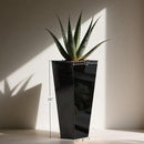 Worth Garden 28" H. Large Metal Glazed Planter Set of 2, Modern Glossy Finish Black Tall Square Tapered Steel Flower Plant Pots for Indoor & Outdoor Use - Insert Plate with Drain Holes, Air Vents by CozyNest Decor
