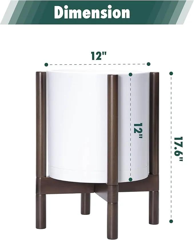 D'vine Dev Planter with Stand - 12 Inch Plastic Cylinder Flower Pot with Wood Holder for Indoor, Matte White Pot + Walnut Color Stand, 55-C-O-1, photo 3 of 7