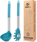 Silicone Pasta Fork and Ladle Spoon Set, Large Non Stick Kitchen Utensils for Cooking,Stirring,Serving Spaghetti, Soup, Sauce (BLUE) by CozyNest Decor