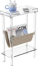 Eglaf Acrylic Narrow Side Table for Small Spaces - Slim End Table with Magazine Holder - Skinny Side Table Small Bedside Table Nightstand for Living Room Bedroom- 15.7” L x 7” W x 23.9” H, Clear by CozyNest Decor