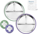 Stainless Steel Toddler Plate with Suction, 8” Divided Plates with Removable Silicone Sleeves for Baby, Non Toxic & BPA Free | Non Slip | Unbreakable Kids Snack Dishes Set of 2, Green & Purple by TinyTreasures Baby Boutique