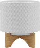 8" Ceramic Planter on Wooden Bamboo Stand - Contemporary White Chevron Design for Indoor or Outdoor Plants, Succulents, Cactus by GreenHaven Gardens