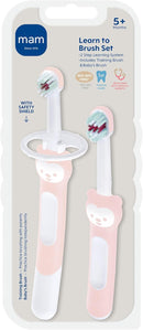 MAM Learn to Brush Set (1 Baby's Brush Toothbrush, 1 Training Brush, 1 Safety Shield), Baby Toothbrushes with Brushy The Bear, Interactive App, for Girls 5+ Months, Blue by TinyTreasures Baby Boutique
