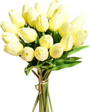 Mandy's Artificial Tulips 20 Stems Light Yellow PU Faux Flowers for Wedding Home Decor 13.5 Inch by CozyNest Decor