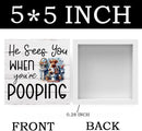 Funny Highland Cow Decor Memorial Day Fourth of July Independence Day Decorations Red White and Blue Decor, Rustic Farmhouse Home Office Wooden Box Sign for Bathroom - He Sees You When You're Pooping by CozyNest Decor
