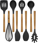 Country Kitchen Non Stick Silicone Utensil Set with Rounded Wood Handles for Cooking and Baking, 8 Piece Set, Black by CozyNest Decor