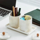 Ceramic Bathroom Canister Set with Coordinating Small Vanity Tray Qtip Holder Dispenser for Cotton Ball,Swab,Pads, Floss, Bathroom Storage Jars with Lids Pearl White by CozyNest Decor