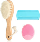 Goat Baby Hair Brush Set, Safe Natural Hair Care Kit with Wooden Soft Bristles Hairbrush Comb Pink Silicone Bath Brush for Newborns Toddlers (3pcs Set) by TinyTreasures Baby Boutique