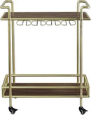 MyGift 2 Tier Rolling Bar Cart, Vintage Brass Tone Metal Cocktail and Wine Trolley with Burnt Wood Shelf Trays, Wine Glass Stemware Holder Rack and Lockable Wheels by CozyNest Decor