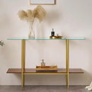 Extra Large Glass Console Table for Living Room, Foyer & Entrance, L47 x W16 x H31, Mid-Century Modern Sofa Table with Clear Glass Top, Walnut Finish Wood Top and Gold Finish Metal Frame by CozyNest Decor