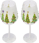 Set of 2 Stemmed Christmas Tree Design Wine Glasses - 14 oz