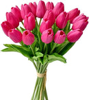 Mandy's Artificial Tulips 20 Stems Hot Pink PU Faux Flowers for Wedding Home Decor 13.5 Inch by CozyNest Decor