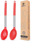 Pack of 2 Large Silicone Cooking Spoons,Non Stick Solid Basting Spoon,Heat-Resistant Kitchen Utensils for Mixing,Serving,Draining,Stirring (RED) by CozyNest Decor