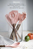 Country Kitchen Non Stick Silicone Utensil Set with Rounded Wood Handles for Cooking and Baking, 8 Piece Set, Pink by CozyNest Decor