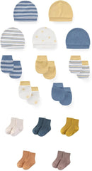 15 Pack Unisex New Born Boy Girls No Scratch Mittens Sets Cotton Soft Baby Gloves Hats socks Accessory 0-6 Months by TinyTreasures Baby Boutique