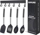 Silicone Kitchen Cooking Utensils Set 5-Piece BPA-Free Heat-Resistant Non-Stick & Dishwasher-Safe, with Slotted/Solid Spoons & Spatulas for Frying,Draining – Includes Multi-Purpose Serving Hook(Black) by CozyNest Decor