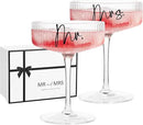Ribbed Coupe Glasses for Anniversary Engagement Wedding Bridal Shower Gifts for Couple, Crystal Martini Glasses Set of 2, 10 Oz Vintage Wedding Mr and Mrs Champagne Flutes, Margarita Cocktail Glasses by CozyNest Decor