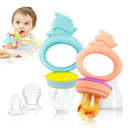 Baby Solids/Frozen Fruit Feeder Pacifier, Infant Teether Toy 4M+, BPA-Free Silicone Pouch & Nipple, Safely Introduce Solids, Teething Relief, 2-Pack (Dolphin - Blue Pink) by TinyTreasures Baby Boutique