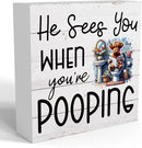 Funny Highland Cow Decor Memorial Day Fourth of July Independence Day Decorations Red White and Blue Decor, Rustic Farmhouse Home Office Wooden Box Sign for Bathroom - He Sees You When You're Pooping by CozyNest Decor