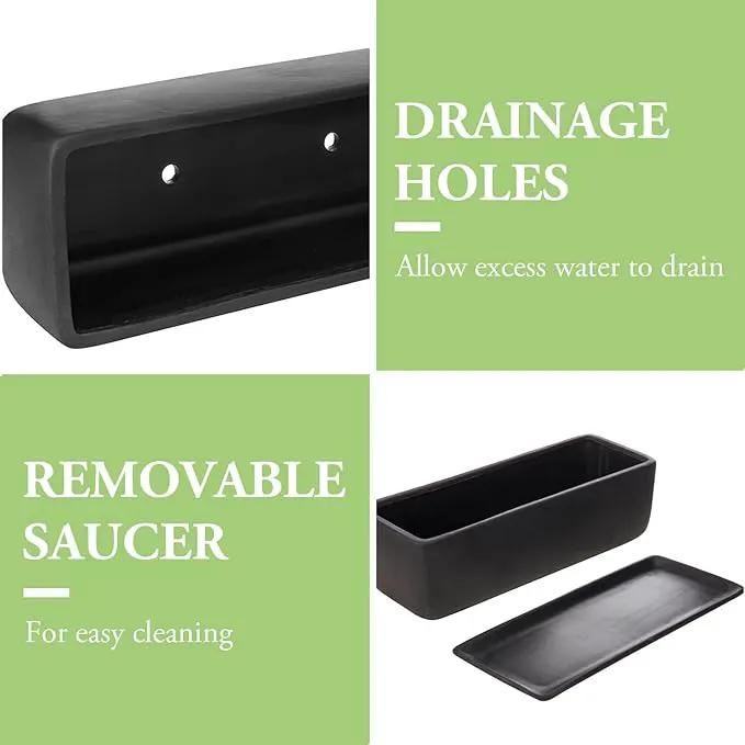 MyGift Matte Black Ceramic Indoor Plant Pot Succulent Planter, Decorative Flower Planter with Drainage Hole and Removable Tray (14 inch - 2 Pack), photo 2 of 7