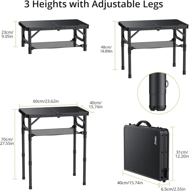 Folding Camping Table with Storage Net, Pure Black Aluminum 2ft Picnic Table 23.2" x 16" Outdoor Table Adjustable Height Max 27.5", Lightweight, Waterproof, Portable Handle for Travel Cooking, photo 3 of 6
