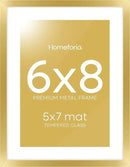 Homeforia 6x8 Picture Frame Gold, High End Metal 6 x 8 Frames with Mat 5 by 7 for Print, Photo Frame 6x8 Gold Matted to 5x7 inches Art, 6by8 Wall or Tabletop Frames, Tempered Glass, Wall Kit, Set of 1 by CozyNest Decor