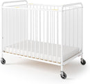 Foundations Chelsea Clearview Metal Compact Daycare Crib, 3" Casters, Compact Mini Size, Easy to Clean Durable Finish, Adjustable to Two Heights Mattress Board (White) by TinyTreasures Baby Boutique
