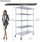 48"x24"x72" Chrome 5-Tier PREMIUM Wire Shelving NSF 4000 LBS MAX CAPACITY Heavy Duty Steel Storage Rack for Warehouses, Garages, Hospitals, Commercial Spaces, & Schools w/PREMIUM WHEELS by CozyNest Decor