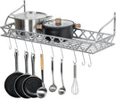 MyGift Wall Mounted Silver-Tone Metal Hanging Kitchen Pots, Pans and Utensils Storage Cookware Rack with 12 Removable S-Hooks and Top Display Shelf for Condiments Spice Rack by CozyNest Decor