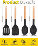 Pack of 4 Silicone Cooking Utensils Set, Non Stick Solid Spatulas and Heat Resistant Slotted Spoons with Wooden Handle, Ideal Wood Kitchen Utensils Set for Frying,Serving,Turning,Stirring (BLACK) by CozyNest Decor