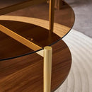 Round Coffee Table, Mid-Century Modern Design, D30 x H17, for Living Room, 2-Tier Structure, Amber Glass Top and Walnut MDF Shelf, Sleek Conical Metal Legs with Gold Finish by CozyNest Decor