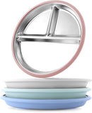Stainless Steel Toddler Plate with Suction, 8” Divided Plates with Removable Silicone Sleeves for Baby, Non Toxic Unbreakable Kids Snack Dishes Set of 4, Sage Blue Gray Blush by TinyTreasures Baby Boutique