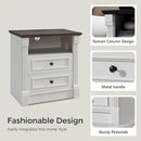 26" Tall Farmhouse Nightstand, 2 Drawers End Table w/Charging Station, 23.6" Wide Large Side Table w/Roman Column, Wood Rustic Sofa Table w/Open Shelf, Bedside Table for Bedroom, White by CozyNest Decor