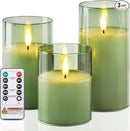 Homemory Green Glass Flameless Candles, Battery Operated LED Pillar Candles with Remote Control and Timer, Radiance Candles, Real Wax, Set of 3,D3 xH4 5" 6" by CozyNest Decor