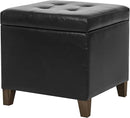 Adeco Faux Leather Storage Ottoman Bench with Solid Wood Legs, 17.7" Square Black PU Cube Foot Stool, Upholstered Button Tufted Vanity Chair with Hinged Lid for Living Room, Bedroom, Dorm by CozyNest Decor