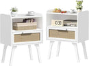 Lerliuo Rattan Nightstands Set of 2, Bedside Table with Drawer Open Shelf, Cane Accent Side End Table with Solid Wood Legs, White Mid Century Night Stand for Bedroom, Dorm and Small Spaces by CozyNest Decor