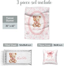 Custom Name Baby Girl Crib Bedding Set – Personalized 3-Piece Bear with Pink Bow Nursery Set with Soft Blanket, Fitted Crib Sheet & Pillowcase – Infant Toddler Bedding Gift for Newborn by TinyTreasures Baby Boutique