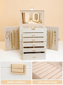 BOOVO Jewelry Box For women, 6 Layer Large Jewelry Organizer With Mirror, Multi-Function Storage Box With Lock, Necklace Holder With 5 Drawers, For Earrings Necklace Bracelet (Pearl White and Gold) by TinyTreasures Baby Boutique