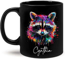 Colorful Raccoon Black Mug, Custom Choose Name Raccoon Coffee Cup, Gift For Men Women, Personalized Animal Lover Ceramic Mug, Customized Animal Design Cup 11oz 15oz by CozyNest Decor