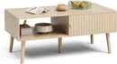 Coffee Table with Storage, Boho Dining Table with Sliding Fluted Door and Solid Wood Legs, Small Coffee Tables for Living Room, Oak by CozyNest Decor