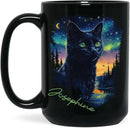 Custom Cute Cat Coffee Mug With Northern Lights, Customized Name Ceramic Mug 11oz 15oz, Beautiful Nature Scene Mug, Personalized Animal Lovers Black Cup, Gift For Pet Enthusiasts by CozyNest Decor