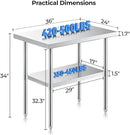 NUUK Stainless Steel Work Table 24 x 36 Inches Heavy Duty Commercial Workstation Adjustable Height Kitchen Food Prep Worktable for Restaurant, Home and Hotel by CozyNest Decor