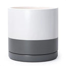 D'vine Dev 12 Inch Ceramic Planter Pot with Drainage Hole and Saucer, Indoor Cylinder Round Planter Pot, White/Speckled Grey, 94-O-F-6